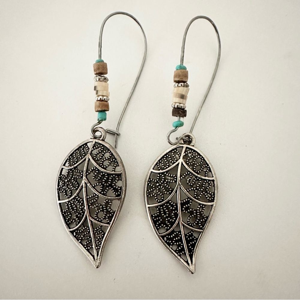 2.5" Silver Tone Leaf Drop Hook Earrings with Turquoise and Wood Bead Accents